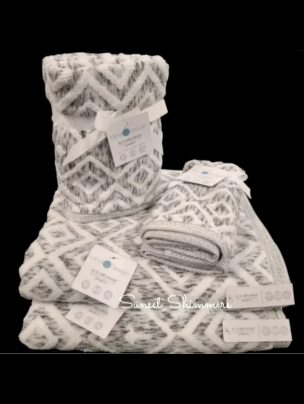 6pc Mind On Design Bath Hand Tip Towel Set Diamond Geo Gray & White Marble NEW